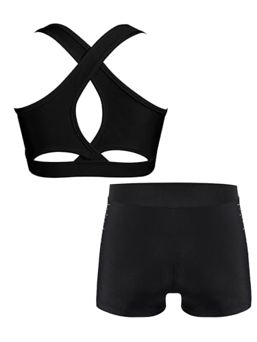 Kids Girls 2 Pieces Outfits Sports Suit Cross Back Sleeveless Sport Bras with Rhinestones Shorts for Sport Dance3