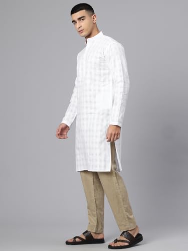 Image of Majestic Man Men's Pure Cotton Textured Check Mandarin Collar Long Kurta