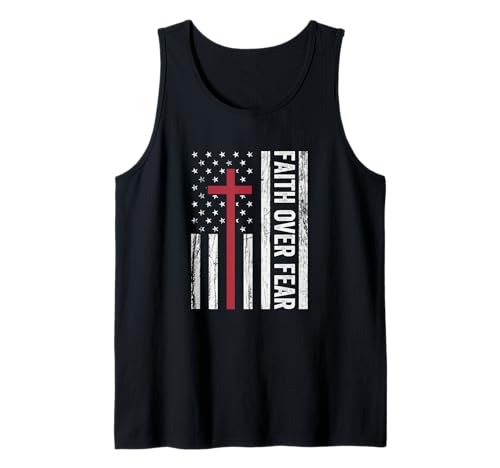Faith Over Fear Christian Cross American Flag Distressed Tank Top