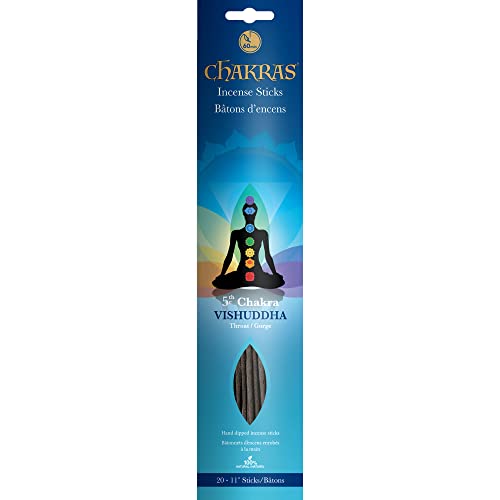 7 Chakras - 5 Vishuddha - Throat - Communication - Primary Aromas are Frankincense & Peppermint - 11 inch - 35 Grams - 60 Minutes - 100% Natural Hand Dipped Incense Sticks