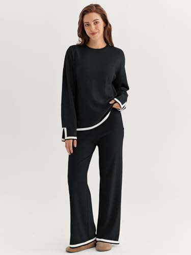 LILLUSORY Women Fall 2 Piece Lounge Set Outfits Sweatsuits Long Sleeve Sweater Tops Wide Leg Pants2