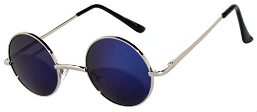 Round Retro Vintage Circle Style Tint Sunglasses Metal Colored Frame Colored Lens Owl Brand (Round_43mm_Blue_Silver_Mirror, PC Lens)