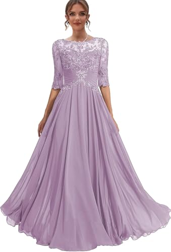 Mother of The Bride Dress Long Chiffon Prom Dresses Lace Applique Formal Evening Gown with Sleeve for Women