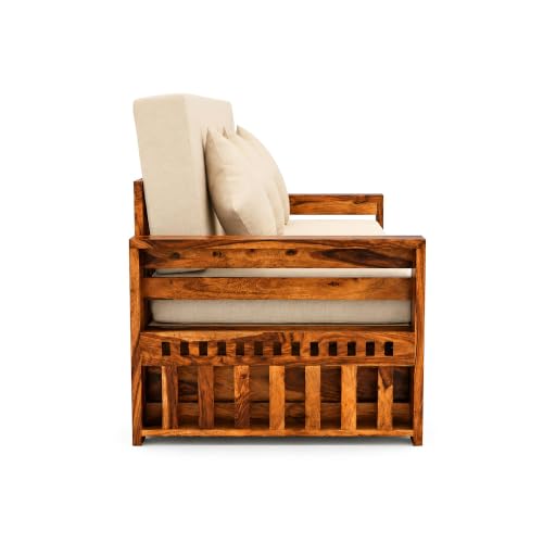 Image of SONA ART & CRAFTS Diamond Sheesham Wood Sofa Cum Bed with Bedside | 3 Seater with Storage and Side Pockets for Living Room Organizer Furniture Sofa Bed Home, Bedroom (Natural Finish)