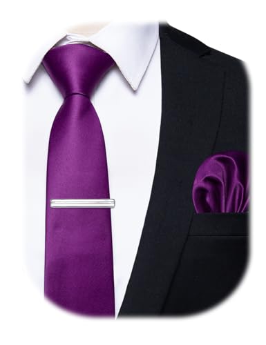 Image of YourTies Skinny Ties for Men Satin 2.4 inch Slim Necktie with Pocket Square Tie Clip Set Solid Color Wedding Party Business