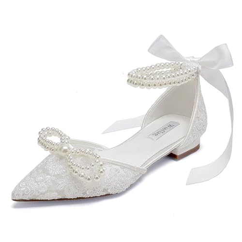 Image of Pearl Wedding Shoes for Bride Flat Lace Bride Shoes Pointed Toe Bridal Flats