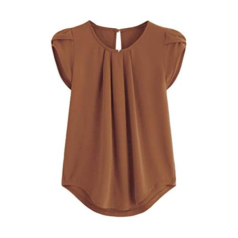 Milumia Women's Casual Round Neck Basic Pleated Top Cap Sleeve Curved Keyhole Back Blouse - brown - Small Cover