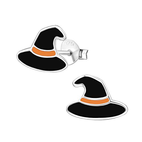 925 Sterling Silver Set of 3 Pairs Halloween Set Witch Hat, Orange Candy Corn, Skull with Pink Bow Stud Earrings (Nickel Free)4