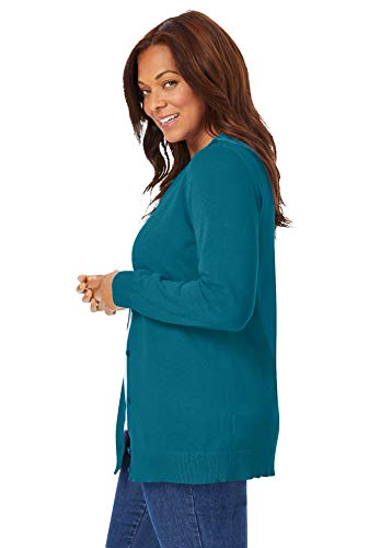 Woman Within Women's Plus Size Perfect Long-Sleeve Cardigan Sweater - L, Navy Flower Embroidery Blue #TOP3