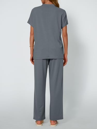 AUTOMET Conjunto feminino de 2 peças com gola redonda combinando com calças largas para o verão, Azu