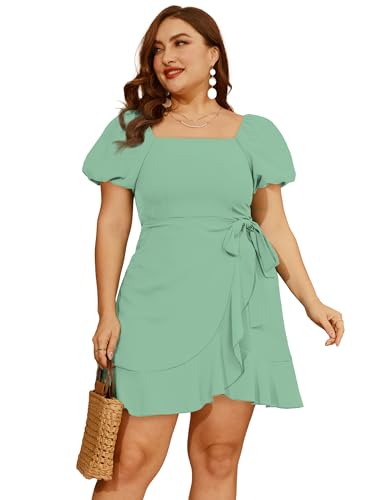 Image of Sampeel Womens Summer Dresses Square Neck Puff Sleeve Tie Waist Short Dress