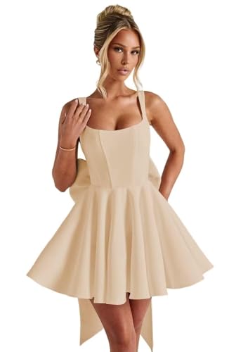 Spaghetti Straps Satin Homecoming Dresses with Bow Short Prom Dresses A Line Cocktail Party Gowns