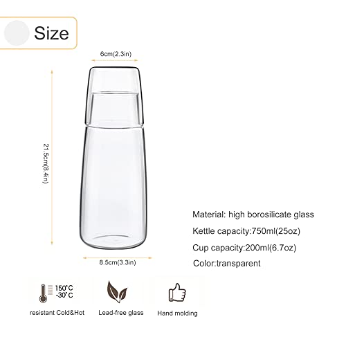 Foto von Nachttisch Wasserkaraffe Set mit Becher Glas Nachttasse Set, Mundwasser Flasche Karaffe mit Becher Deckel für Schlafzimmer Nachttisch Bad Küche 25oz/750ml (Transparent)