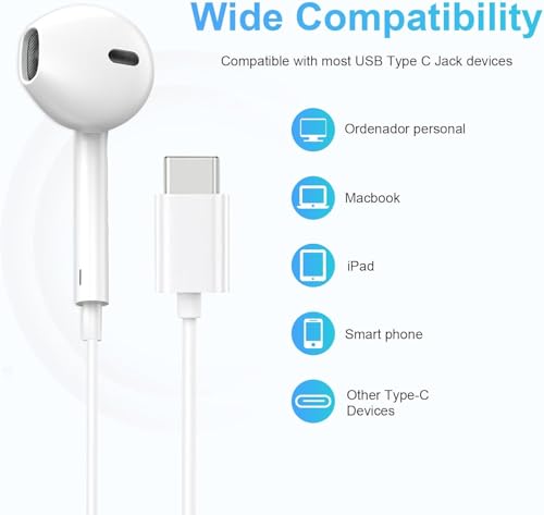 Image of Rulefiss Type-C Wired Earphones Compatible with iPhone 17 /16 /15 Series Mic & Volume Control | C Type Earphones Wired (15 White)
