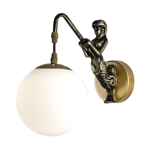 Image of Bofea-Gold Mermaid Resin Wall Lamp,1-Light Bathroom Wall Sconce,Mid Century Gold Wall Sconce with Milk Glass Shade,Wall Mount Bedside Lights,Gold Wall Lights for Living Room Dining Room Bathroom.