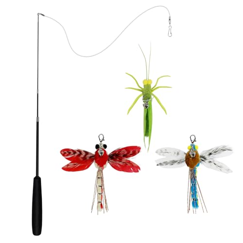TTcat Cat Feather Wand Toys,Retractable Wand Toy with 3 Simulation Insects Refills, Transparent Carbon Wire,Interactive Cat Toy Kitten Toy for Indoor Cats to Play Chase Exercis