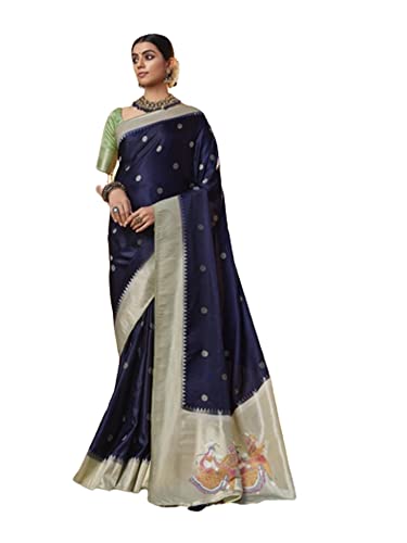 Sari de seda de satén premium azul marino modelo 8286 refinado