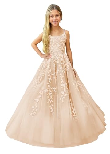 Lace Tulle Flower Girl Dresses Applique Pageant Dress for Girls Ball Gown Princess First Communion Dresses