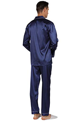YIMANIE Mens Pajamas Silk Satin Pajamas for Men Soft Sleepwear Button Down Loungewear with Pockets Navy - Image 6