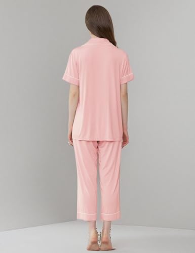 Image of Joyaria Bamboo Viscose Cooling Pajamas for Women Capri Button Front Pjs Set | Ideal for Night Sweats, Hot Sleeper Friendly, Breathable & Moisture Wicking, Short Sleeve Top