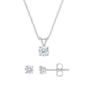 Beyond Brilliance 1/2-1.00 Carat Round Cut Natural Diamond Solitaire Pendant and Stud Earrings 3pc Set (I-J, I2-I3) in 14K White Gold | Fine Jewelry for Women |Gift Box Included