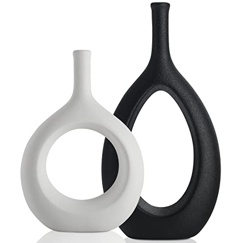 Black and White Ceramic Hollow Elliptical Vase Set of 2
