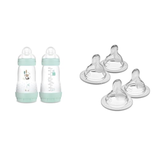 Image of MAM Easy Start Anti-Colic Baby Bottles, Medium & Fast Flow Nipples, 9 oz (2 Count) & Mixed Flow Nipple 4 Pack for Newborns & Older