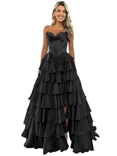 GATMAHE Tulle Floral Prom Dresses for Teens 2026 Tiererd Long Ball Gown Strapless Sweetheart Formal Evening Gowns with Slit