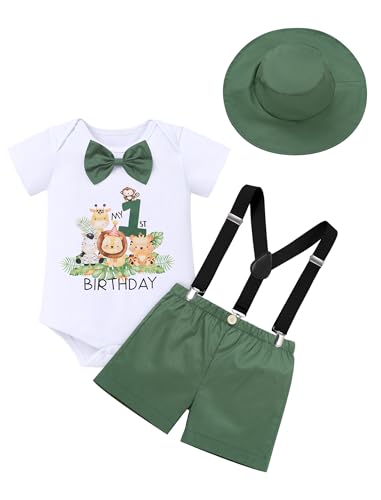 IDOPIP First Birthday Outfit Boy Baby Lion Cake Smash Clothes Safari Jungle Animals Romper with Bowtie + Suspenders Shorts + Hat 4PCS Sets for Photo Shoot Party Dress Outfits Green 12-18 Months