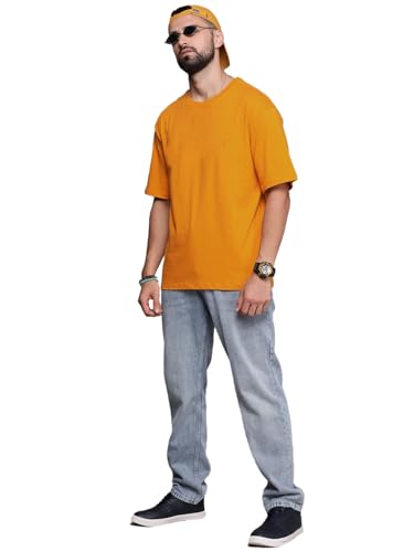 Image of LEOTUDE Half Sleeve Oversized Tshirt for Men, Round Neck Cottonblend Drop Shoulder Solid T-Shirt (Color Multicolor)