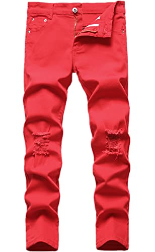 Boys Skinny Fit Ripped Destroyed Distressed Stretch Fashion Kids Jeans Pants Red 14