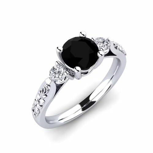 925 Sterling Silver White Gold Finish 2.5 Ct Round Cut Onyx Black & White Diamond Three Stone With Flower Design Band Wedding Engagement Ring For Womens