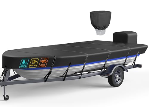 Heavy Duty 5 Layers 1200D Jon Boat Cover 12ft - 14 ft with Motor Cover, 100% Waterproof Trailerable Jon Boat Covers 12-14 Foot with 9+4 Pcs Windproof Straps