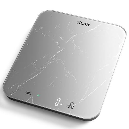 Vitafit 15kg Bascula Cocina Digital Precisión 1g, Gran Plataforma 215x180mm | Profesional Fábrica Desde 2001 LFGB Balanza Cocina para Cocinar/Hornear/Café, Tara, 3 AAA, LED, Peso de Cocina Plata Mármol