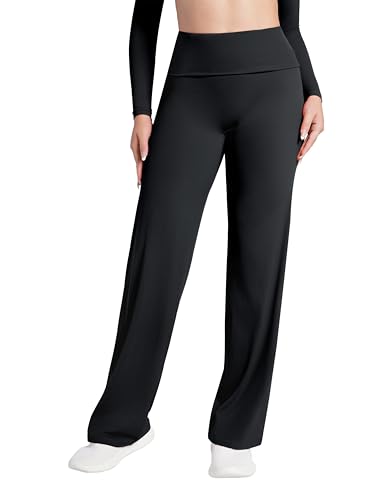 Sunzel Straight Leg Leggings for Women Fold Over Wide Leg Yoga Pants No Front Seam Casual Gym Workout Sweatpants 32" Black Large