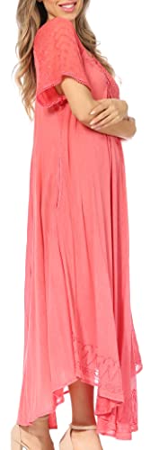 Image of Sakkas Egan Long Embroidered Caftan Dress /Cover Up with Embroidered Cap Sleeves