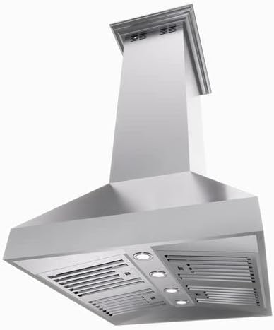 Forno Coppito 36 inch Island Range Hood, angled view with crown molding