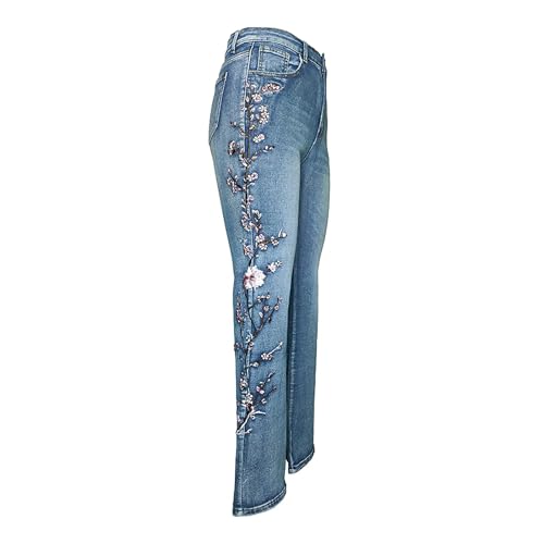 Women's Floral Embroidered Bell Bottom Jeans Stretchy High Rise Wide Legs Flare Jeans Distressed Denim Pants4