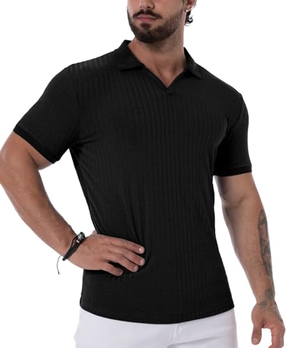 Askdeer Men's Muscle Polo Shirts V Neck Slim Fit Ribbed T Shirts Short/Long Sleeve Golf Collar Shirt Knit Casual Tee3