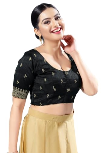 Image of Vamas Women's Silk Padded Self Design Half Sleeve Readymade Saree Blouse (X-1166.ELB)