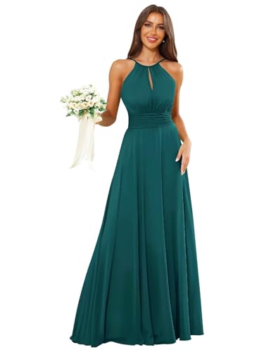 SoDigne Halter Pleated Long Bridesmaid Dresses for Women A Line Chiffon Corset Wedding Guest Gown