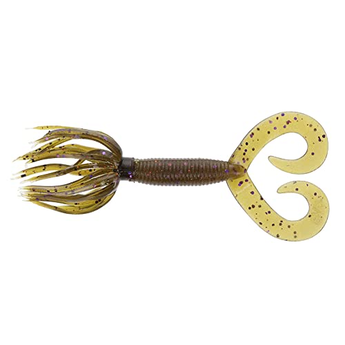 Yamamoto Hula Grub de Doble Cola de 4 Pulgadas – Señuelo de Pesca Realista de plástico Suave fácil de Usar con Falda de Flujo Libre – Paquete de 10, Calabaza Verde con Escamas de Cobre púrpura y
