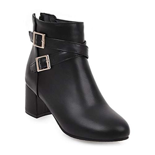 MIOKE Women's Round Toe Dressy Ankle Boots Trendy Buckle Zipper Chunky Mid Heel Chelsea Dressy Short Booties