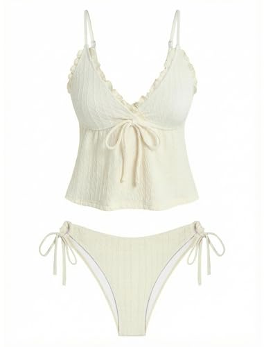 Image of ZAFUL Women's V Neck Textured Knot Tie Ruffle Trim Tankini Swimsuits | Back Self Tie, Sexy Plunging Neck, Relaxed Tummy Control Tank Top, Tie Side Cheeky Bikini Bottom, 2 Piece Bathing Suit