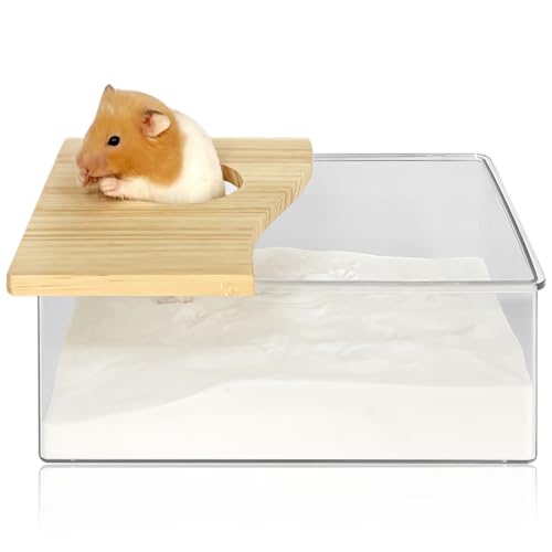 HOMURY 1 pièce Bain de sable pour hamster : boîte de bain en acrylique pour hamster avec demi-couverture en bois massif, toilettes pour hamster chinchilla,...