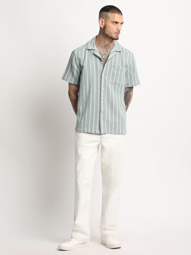 Image of Men's Green Striped Regular Fit Casual Shirt