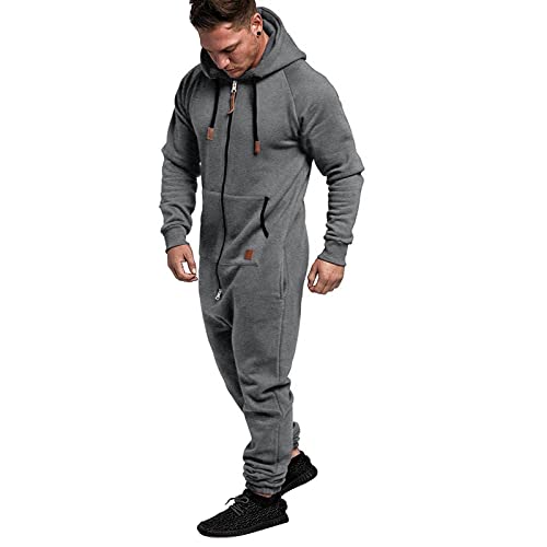 Men's Hooded Jumpsuit Zip Up One Piece Pajamas Playsuit Jogger Sweatsuit Overall Romper (Grey,XX-Large)2