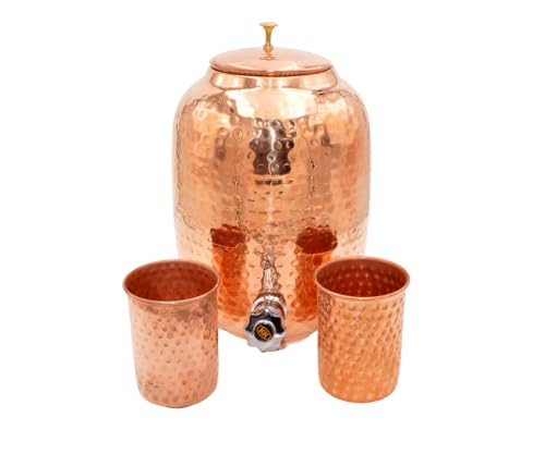 Dispensador de agua de cobre puro hecho a mano con grifo, tanque de almacenamiento de agua ayurvédica de 8 litros | Botella de cobre martillada a mano, taza, jarra y 2 vasos | Juego de vasos curativos