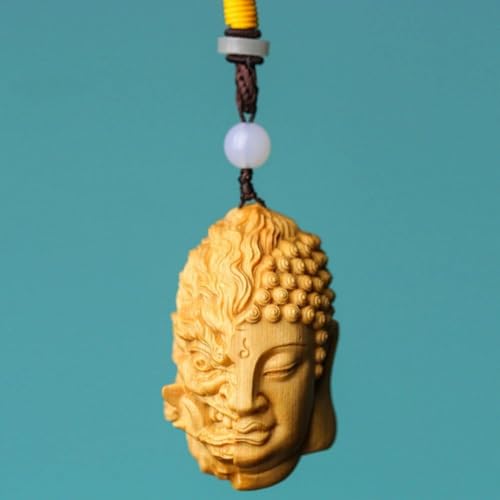 Handcarved Dual-Face Buddha Demon Wooden Pendant Necklace, 2.3 x 1.35 inches (002)3