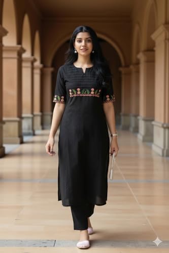 Image of eightone Women's White Cotton Straight Kurti with Floral Embroidery, Pin-Tuck Yoke, Casual Ethnic Wear